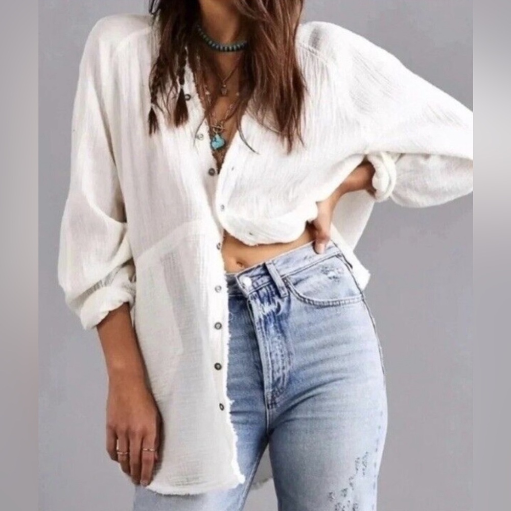 We The Free Womens Daydream White Cotton Tunic Button-Down Top Shirt NWT Small